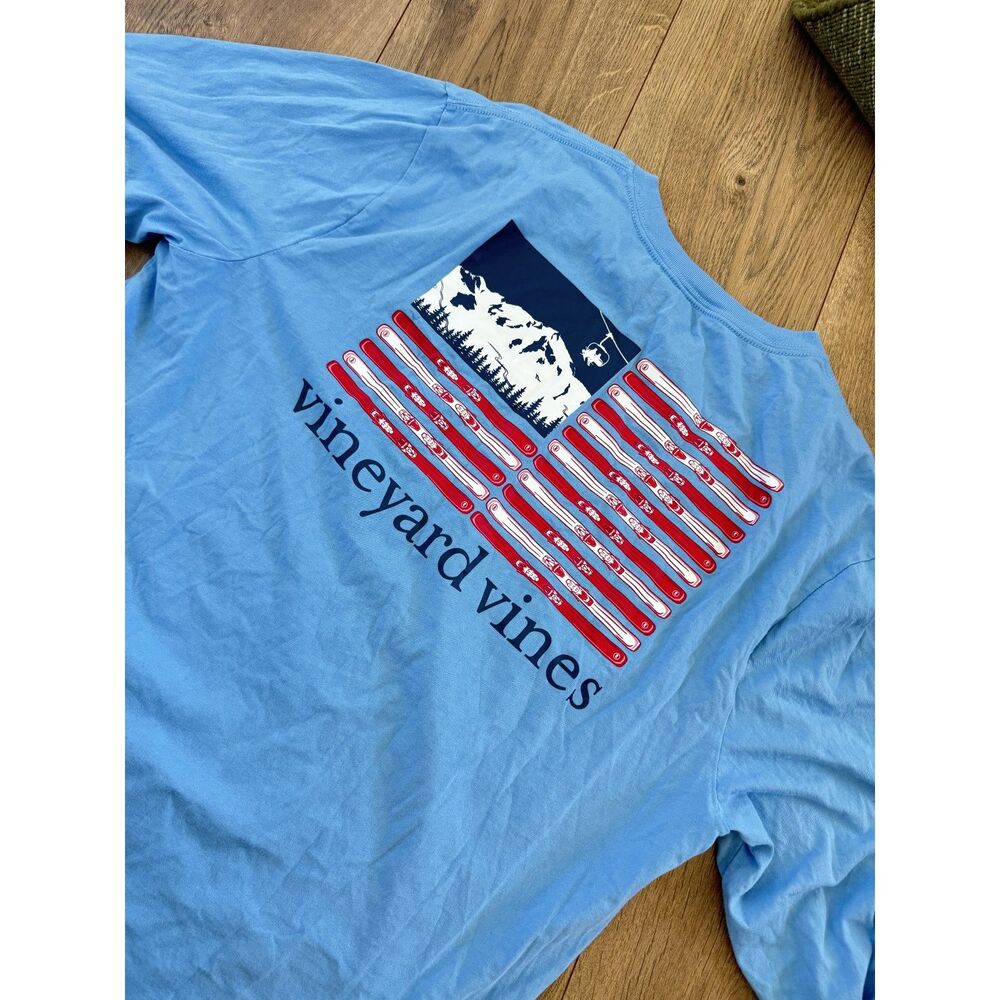 VINEYARD VINES L blue ski flag stripe graphic long sleeved cotton top patriotic